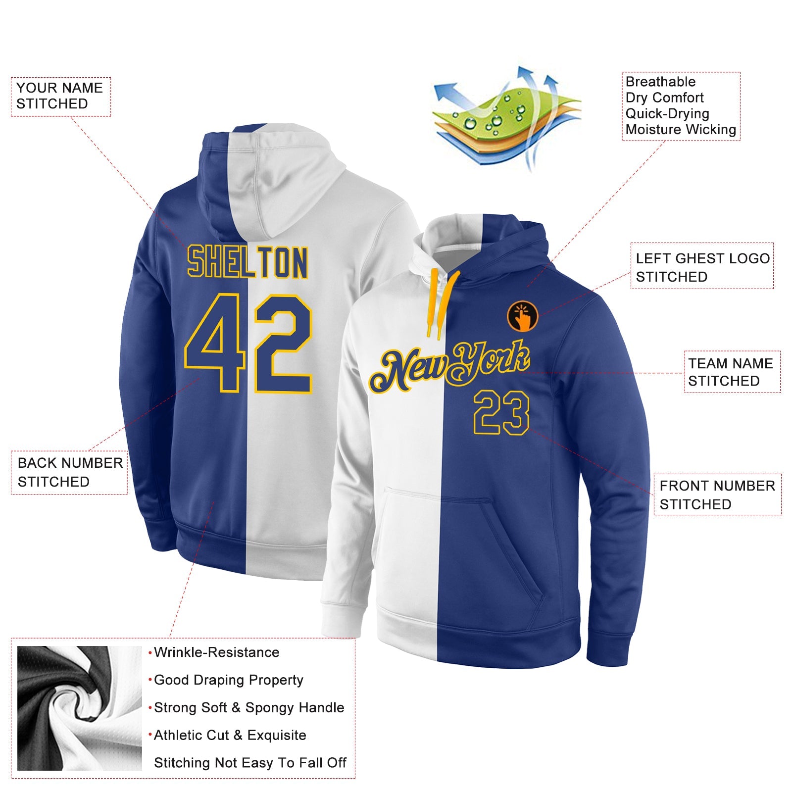 Custom Stitched White Royal-Gold Split Fashion Sports Pullover Sweatshirt Hoodie view 4