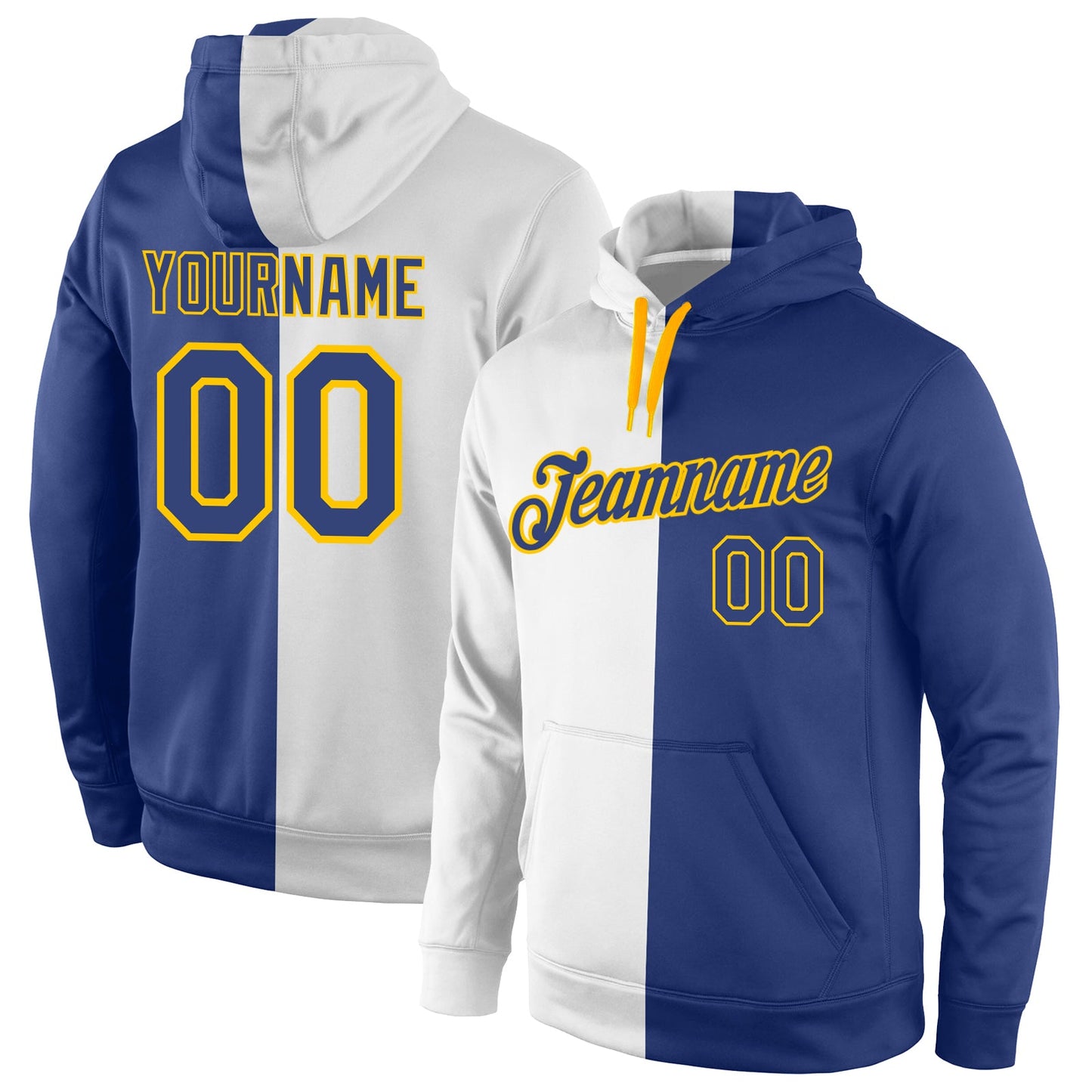 Custom Stitched White Royal-Gold Split Fashion Sports Pullover Sweatshirt Hoodie - Main View
