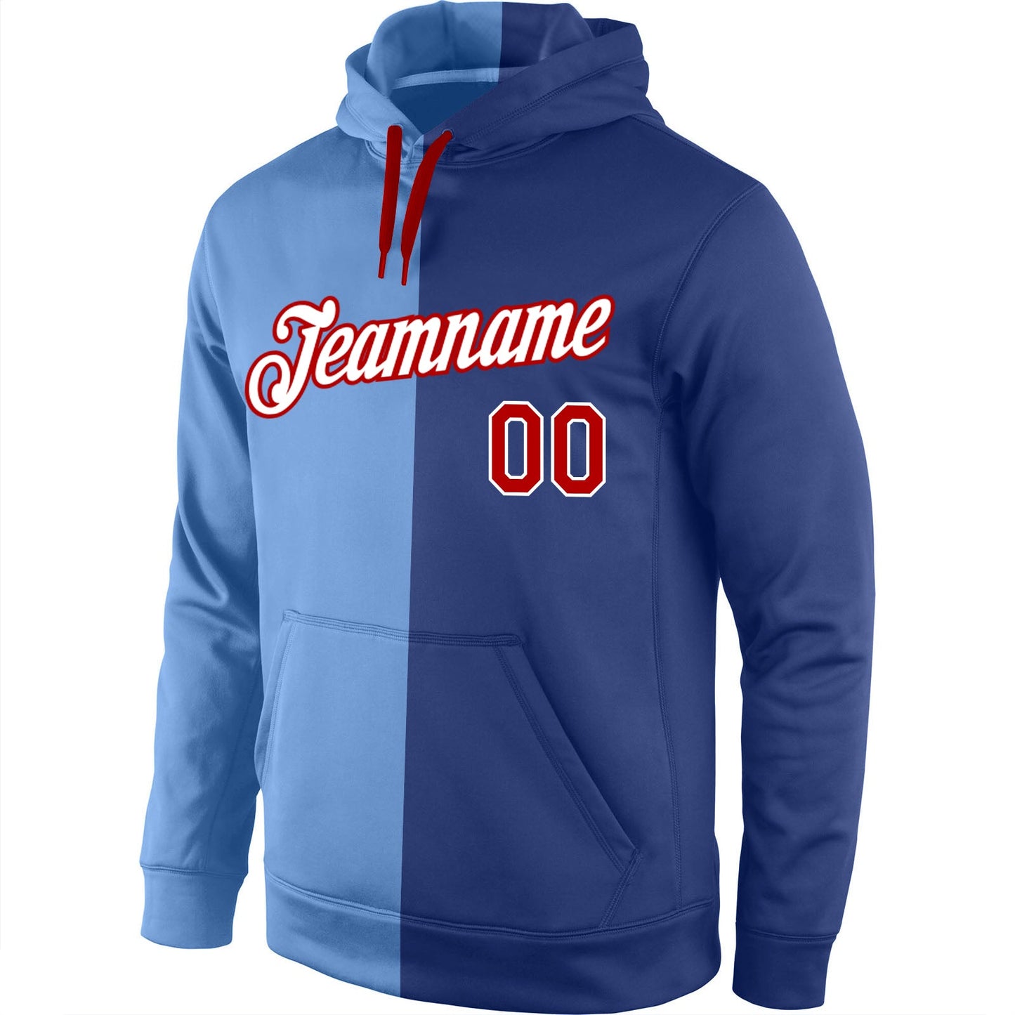 Custom Stitched Light Blue Red-Royal Split Fashion Sports Pullover Sweatshirt Hoodie view 2