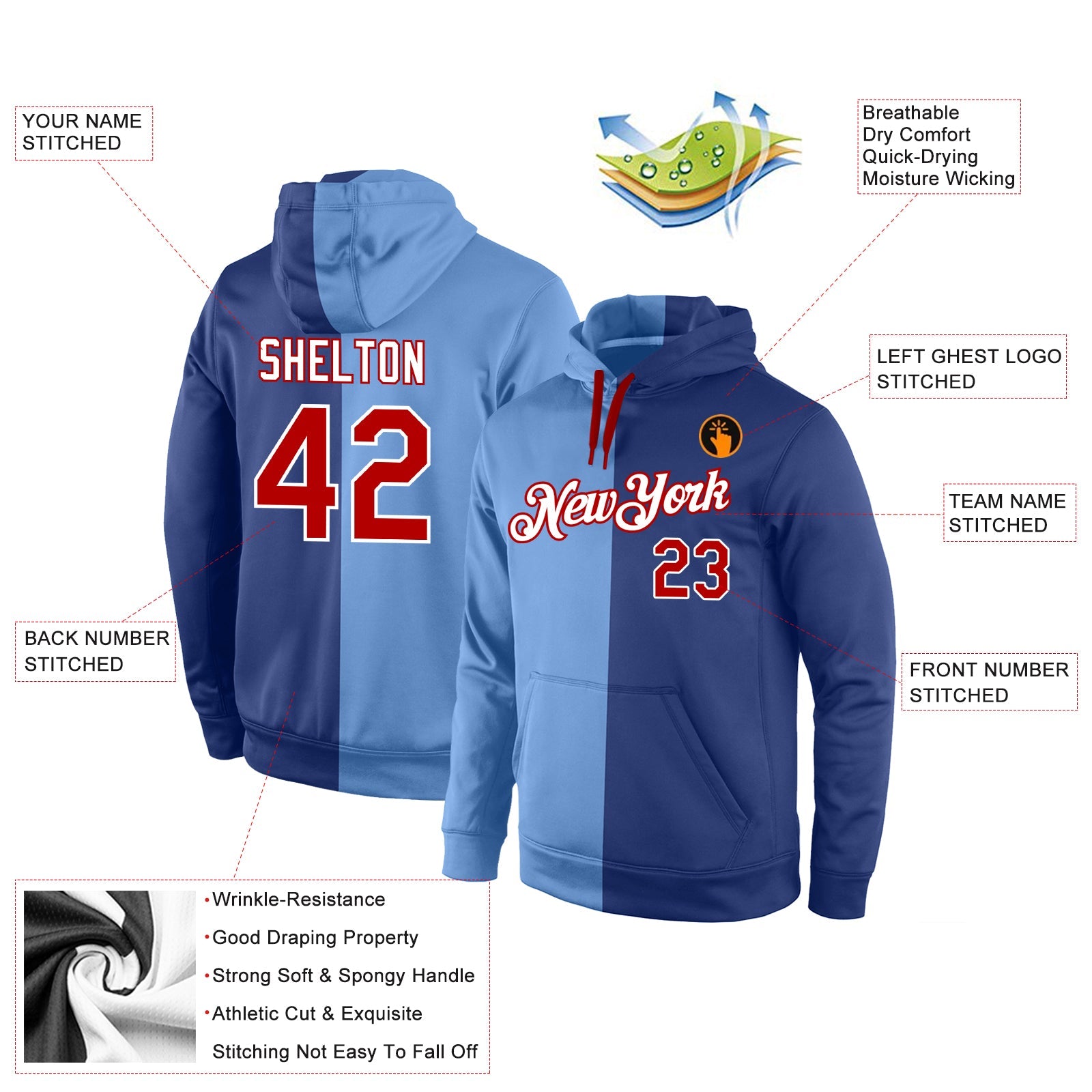 Custom Stitched Light Blue Red-Royal Split Fashion Sports Pullover Sweatshirt Hoodie view 4