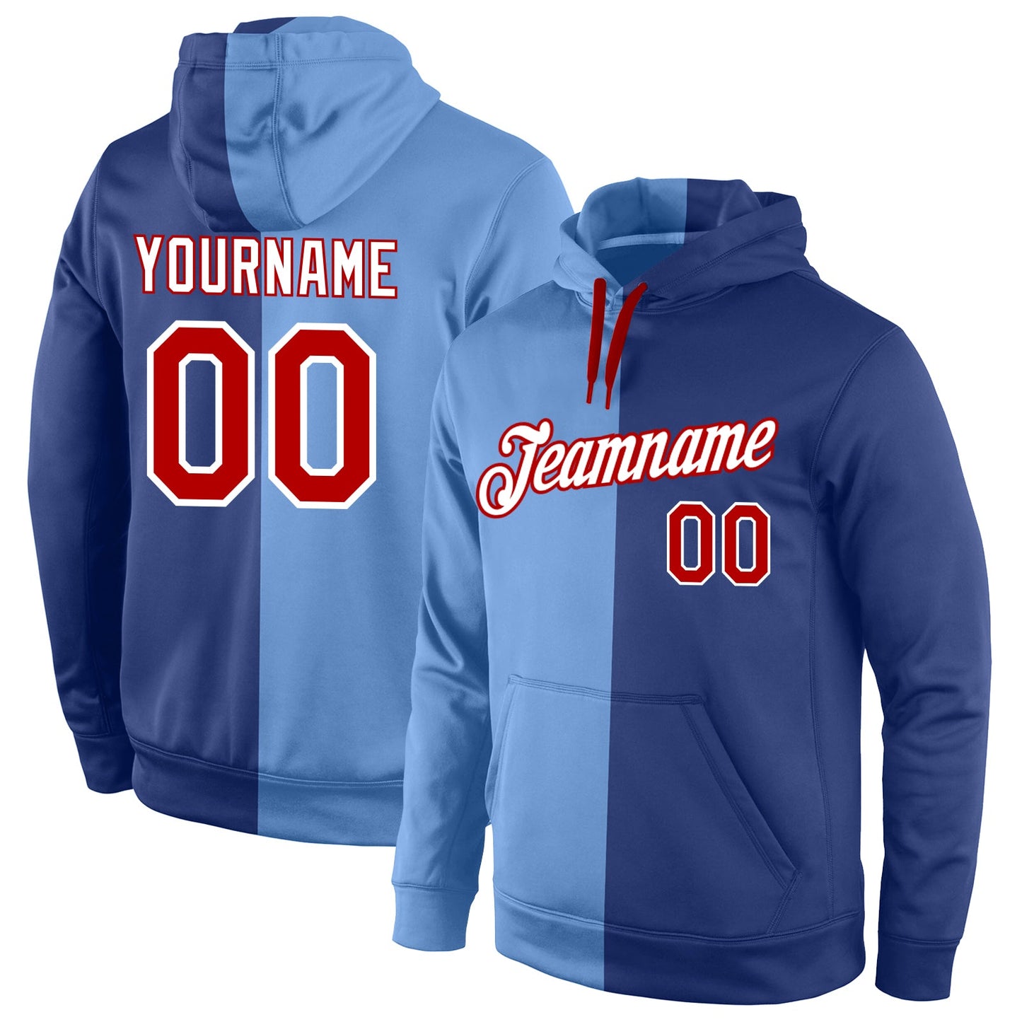 Custom Stitched Light Blue Red-Royal Split Fashion Sports Pullover Sweatshirt Hoodie - Main View