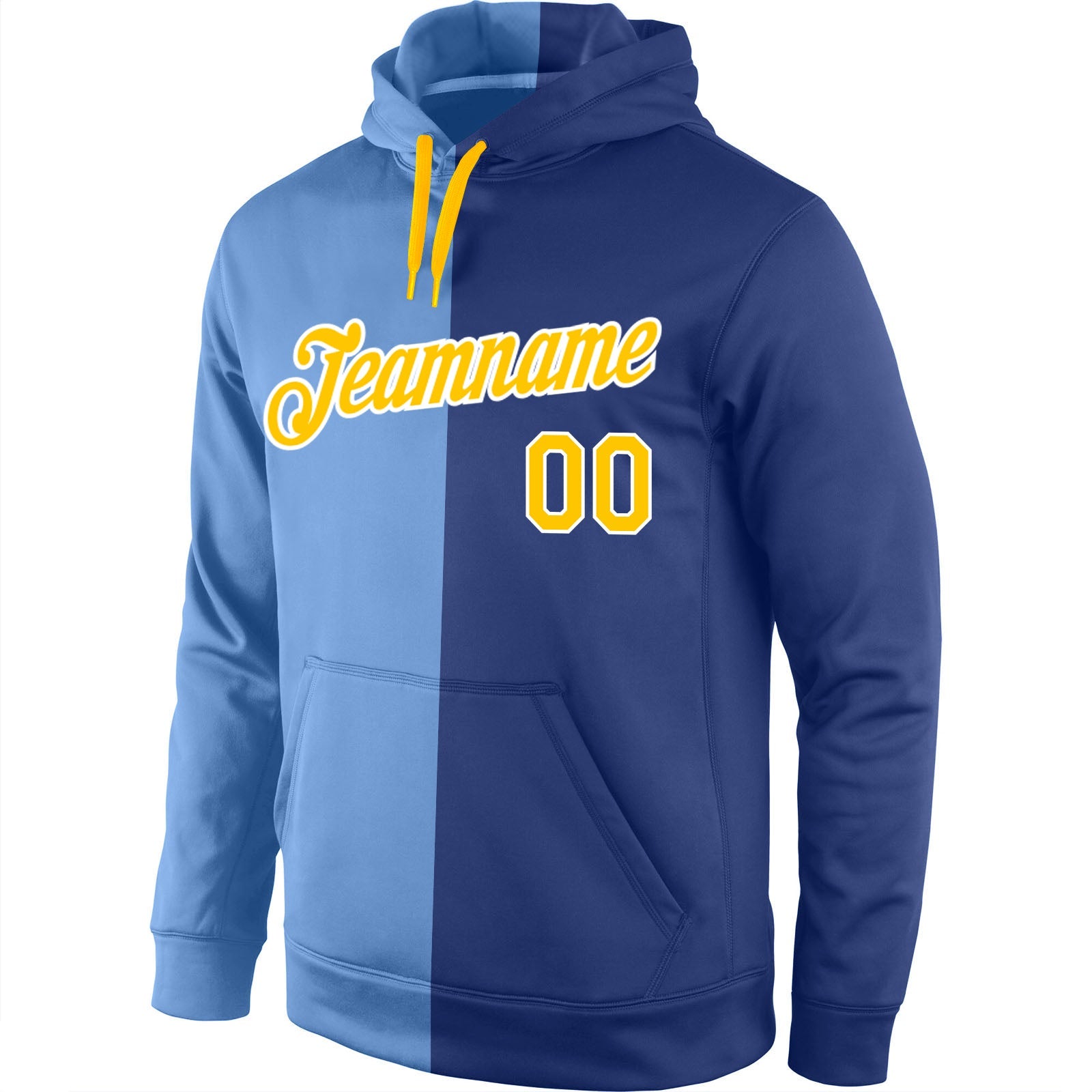 Custom Stitched Light Blue Gold-Royal Split Fashion Sports Pullover Sweatshirt Hoodie view 2