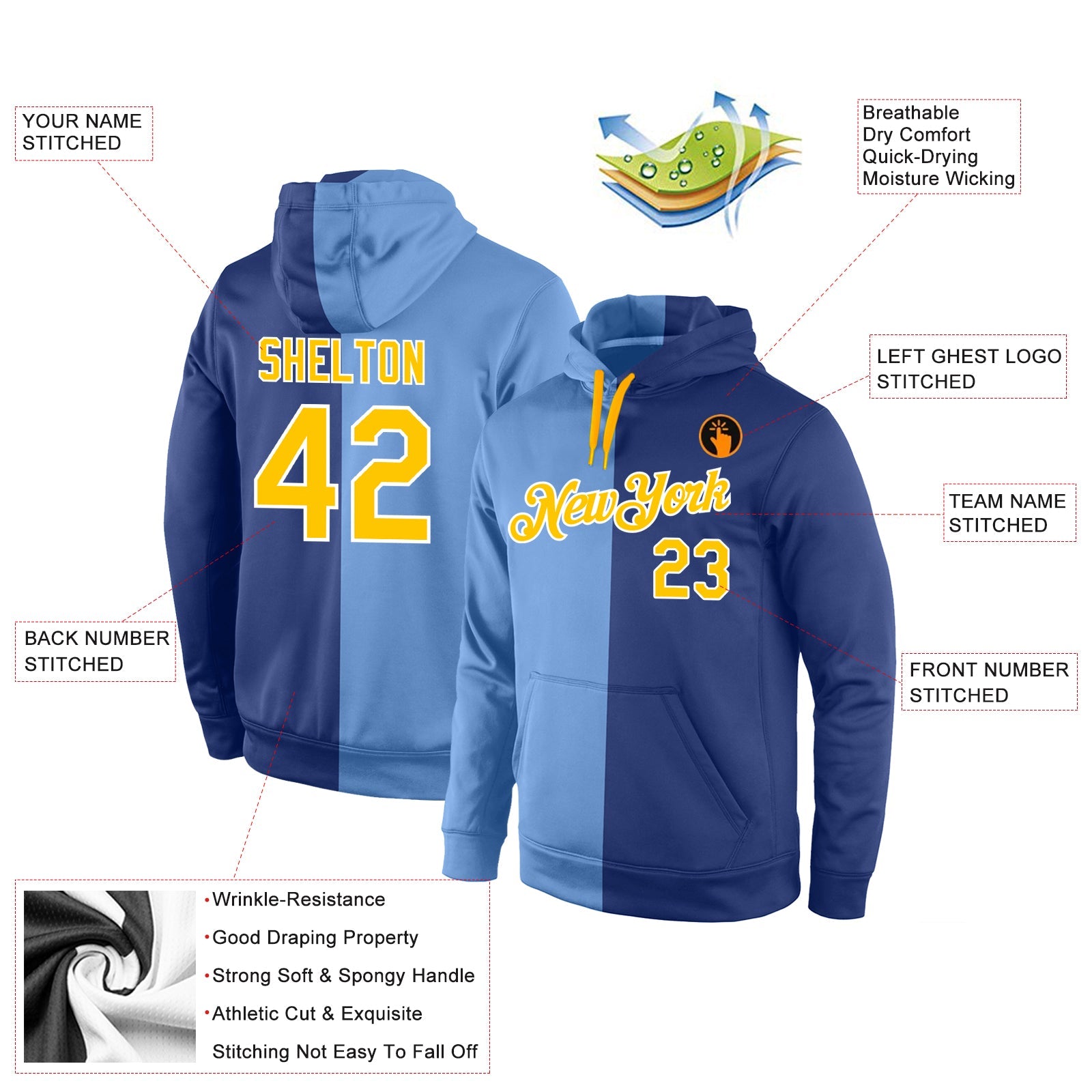 Custom Stitched Light Blue Gold-Royal Split Fashion Sports Pullover Sweatshirt Hoodie view 4