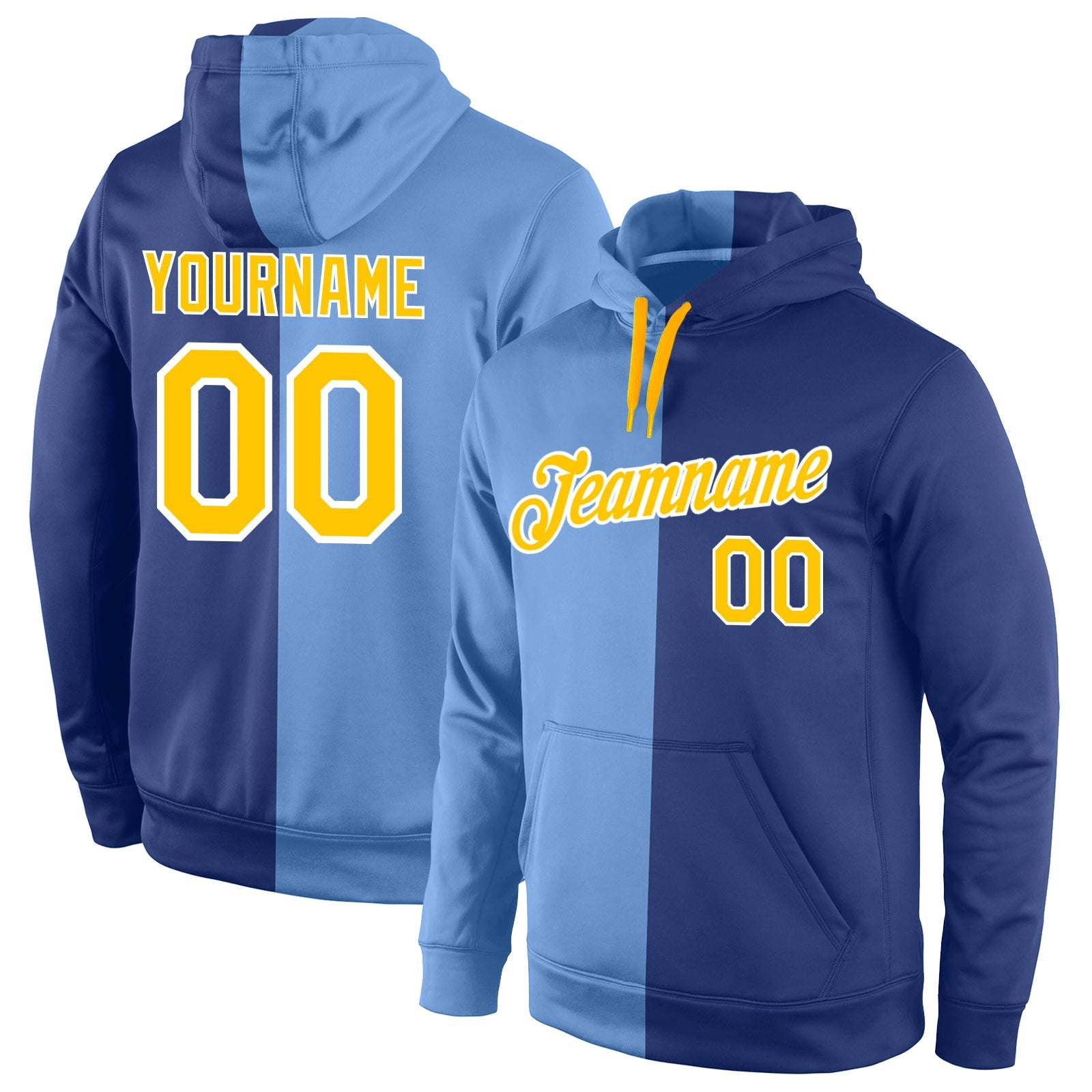 Custom Stitched Light Blue Gold-Royal Split Fashion Sports Pullover Sweatshirt Hoodie - Main View