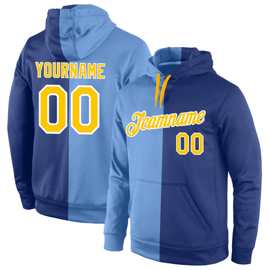 Custom Stitched Light Blue Gold-Royal Split Fashion Sports Pullover Sweatshirt Hoodie - Main View