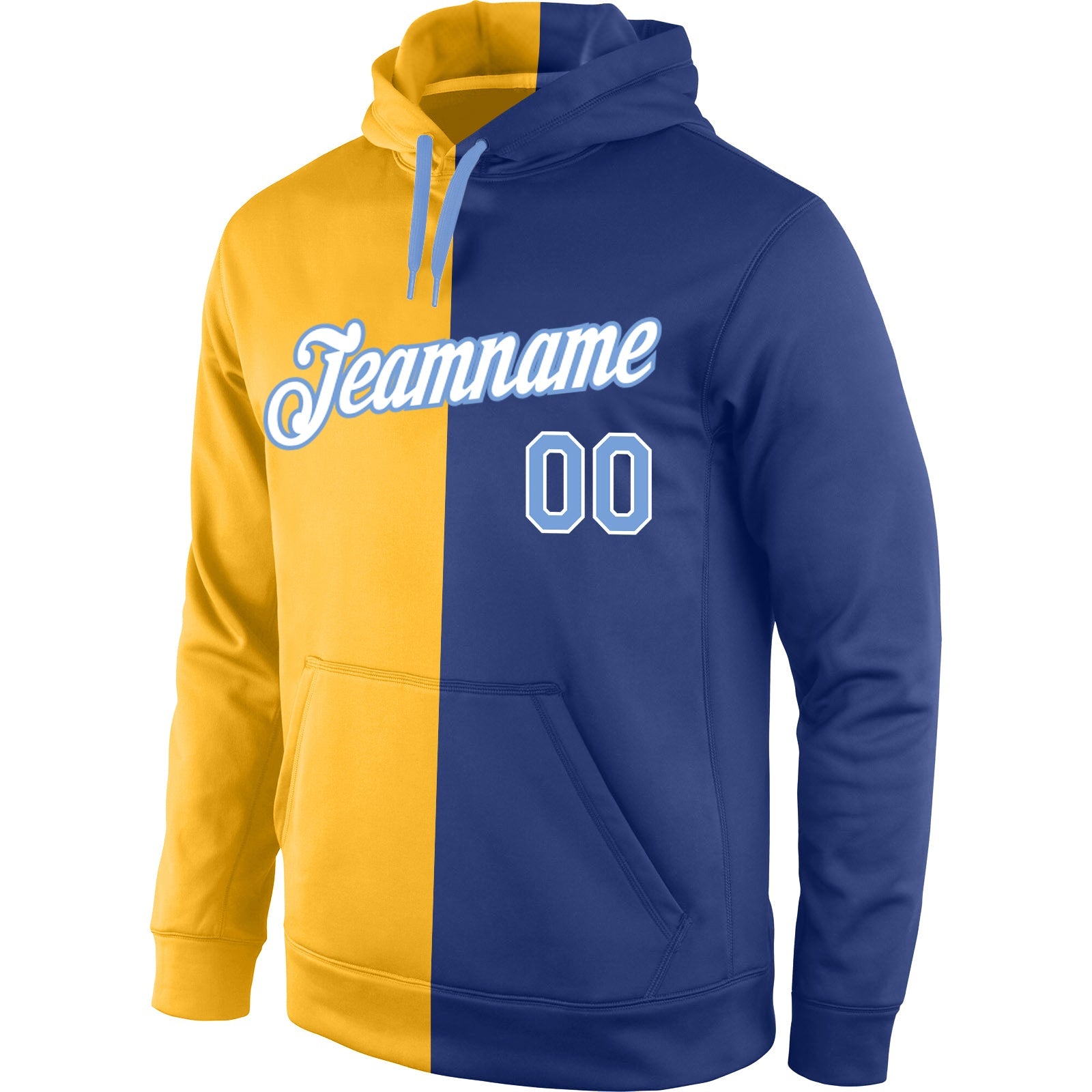 Custom Stitched Gold Light Blue-Royal Split Fashion Sports Pullover Sweatshirt Hoodie view 2