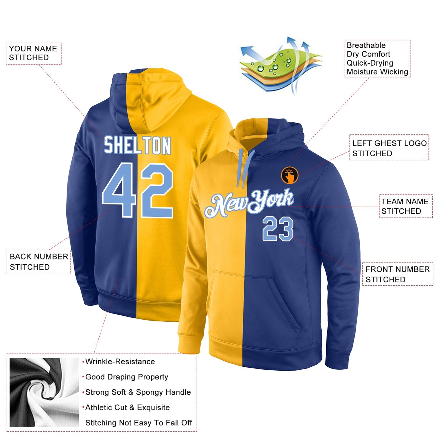 Custom Stitched Gold Light Blue-Royal Split Fashion Sports Pullover Sweatshirt Hoodie view 4