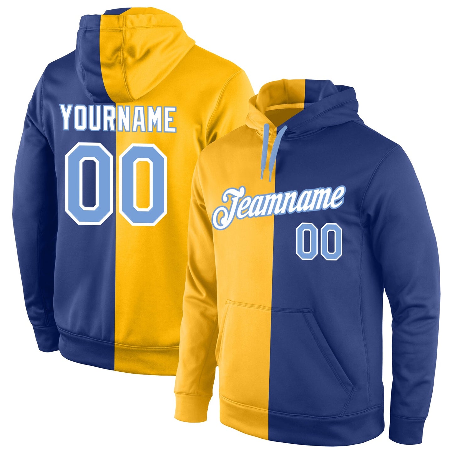 Custom Stitched Gold Light Blue-Royal Split Fashion Sports Pullover Sweatshirt Hoodie - Main View