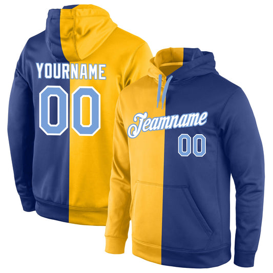 Custom Stitched Gold Light Blue-Royal Split Fashion Sports Pullover Sweatshirt Hoodie - Main View