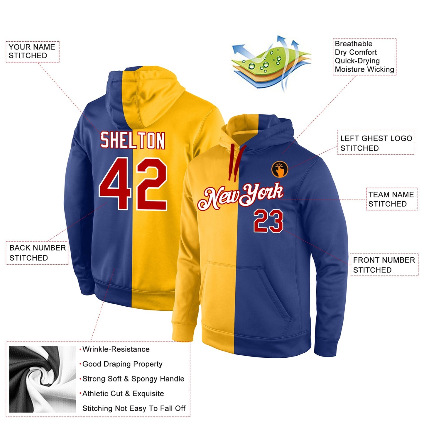 Custom Stitched Gold Red-Royal Split Fashion Sports Pullover Sweatshirt Hoodie view 4