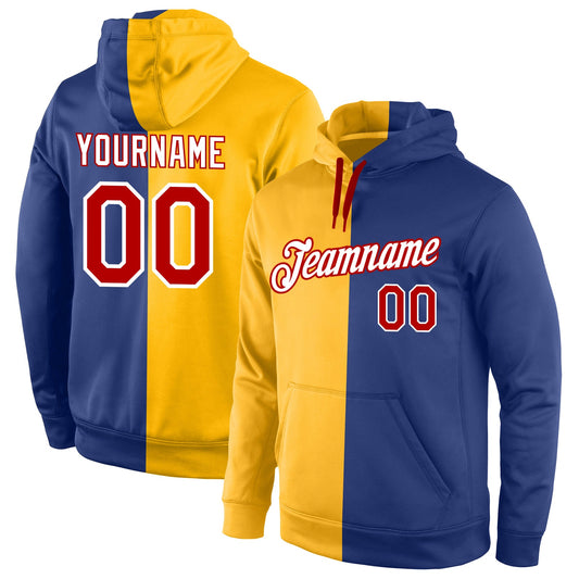 Custom Stitched Gold Red-Royal Split Fashion Sports Pullover Sweatshirt Hoodie - Main View