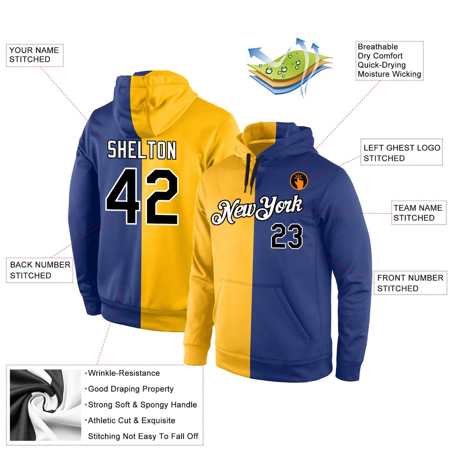 Custom Stitched Gold Black-Royal Split Fashion Sports Pullover Sweatshirt Hoodie view 4