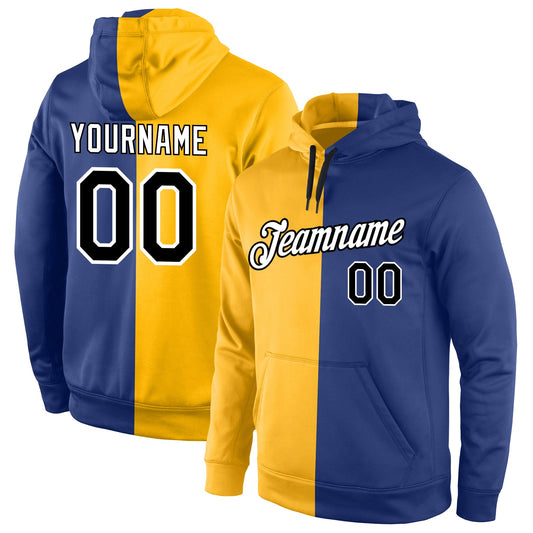 Custom Stitched Gold Black-Royal Split Fashion Sports Pullover Sweatshirt Hoodie - Main View