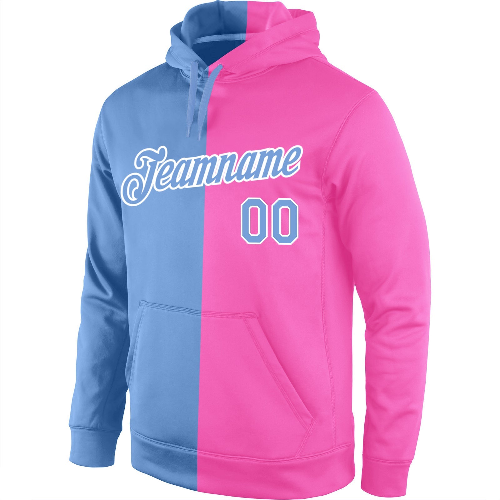 Custom Stitched Pink Light Blue-White Split Fashion Sports Pullover Sweatshirt Hoodie view 2