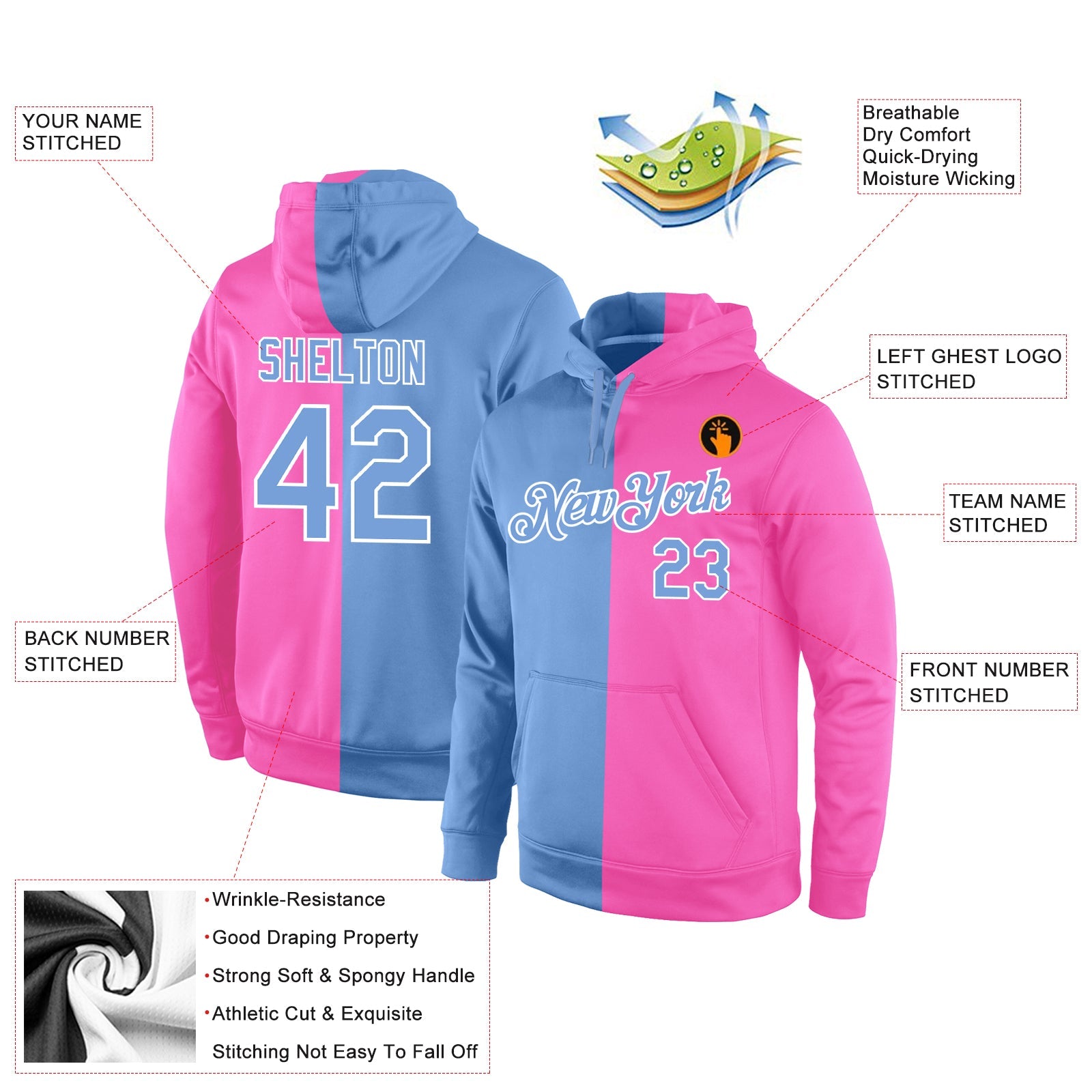 Custom Stitched Pink Light Blue-White Split Fashion Sports Pullover Sweatshirt Hoodie view 4