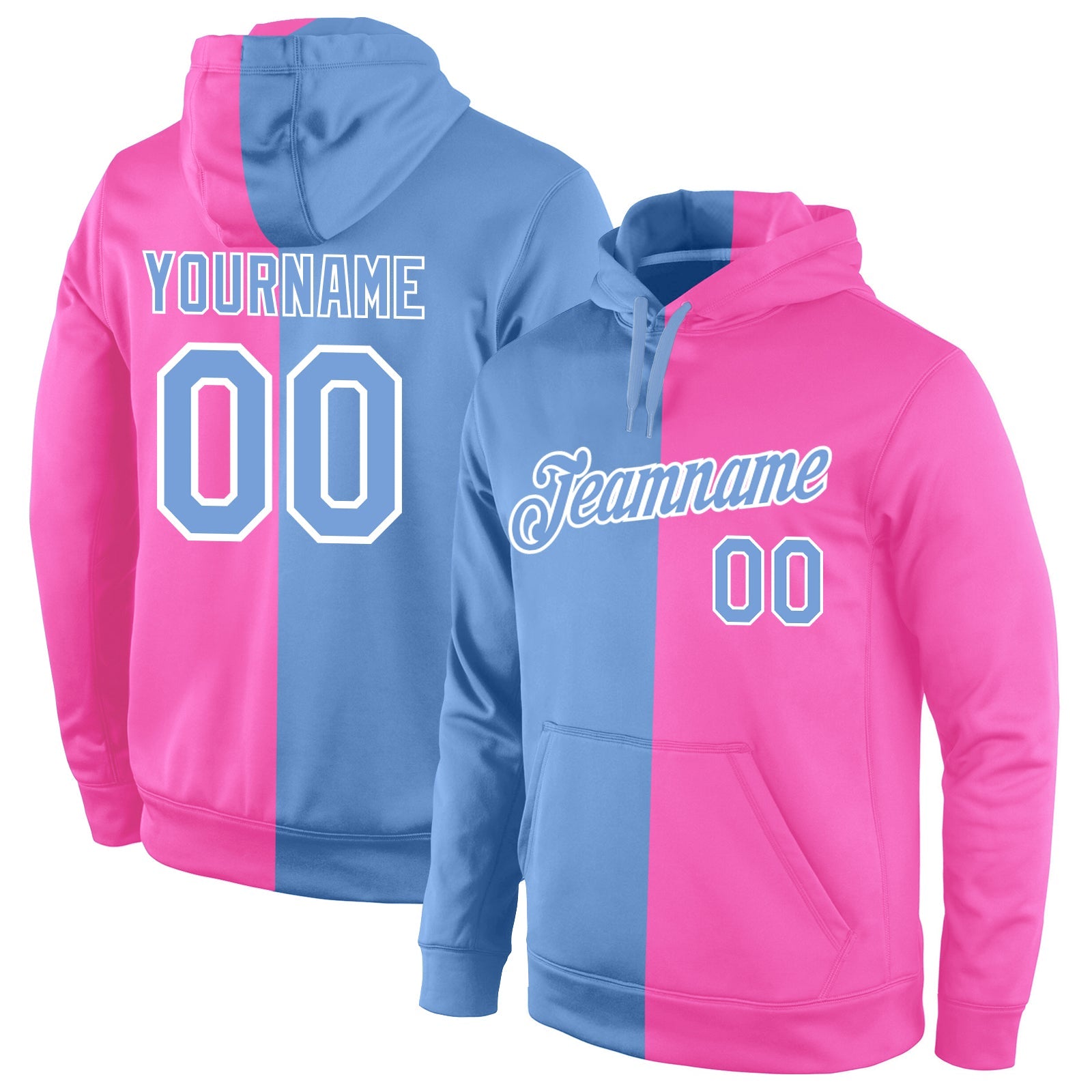 Custom Stitched Pink Light Blue-White Split Fashion Sports Pullover Sweatshirt Hoodie - Main View