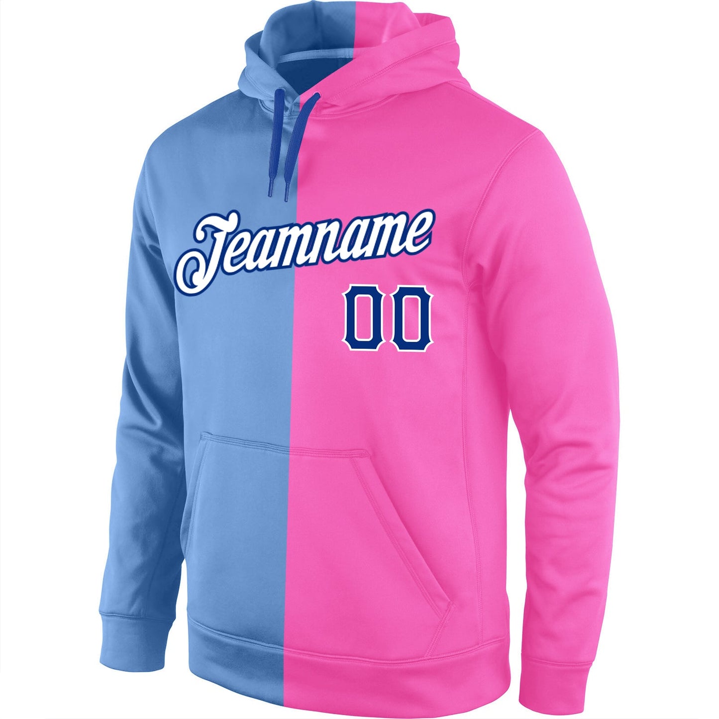 Custom Stitched Light Blue Royal-Pink Split Fashion Sports Pullover Sweatshirt Hoodie view 2