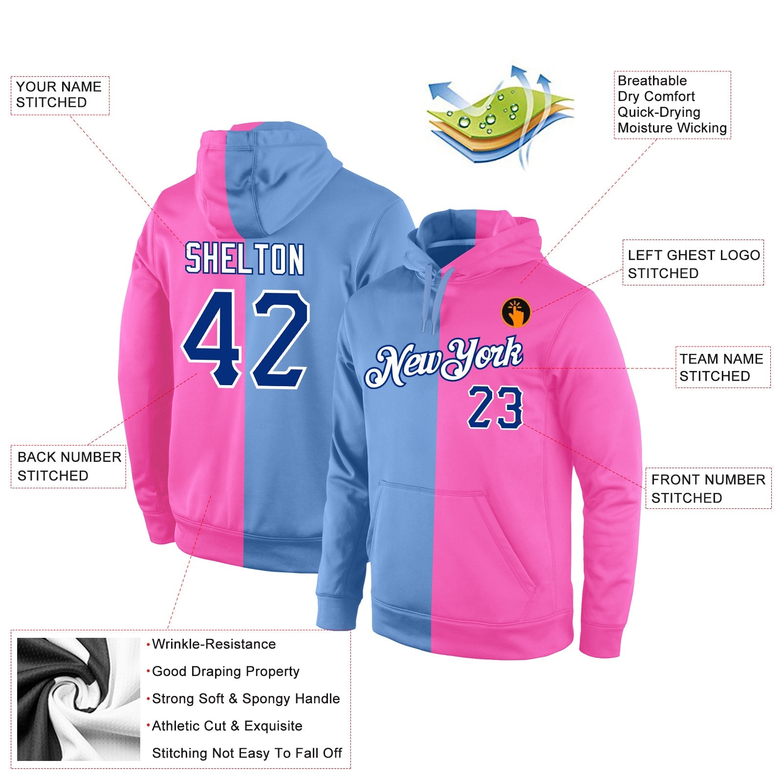 Custom Stitched Light Blue Royal-Pink Split Fashion Sports Pullover Sweatshirt Hoodie view 4