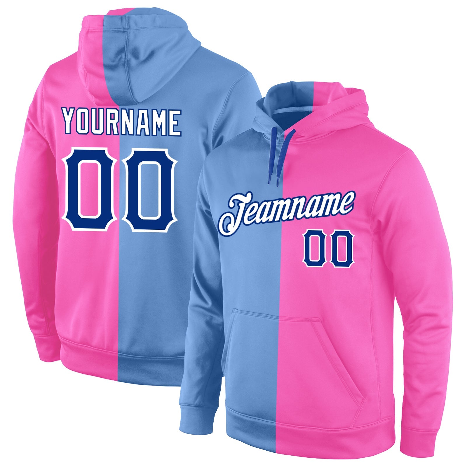 Custom Stitched Light Blue Royal-Pink Split Fashion Sports Pullover Sweatshirt Hoodie - Main View