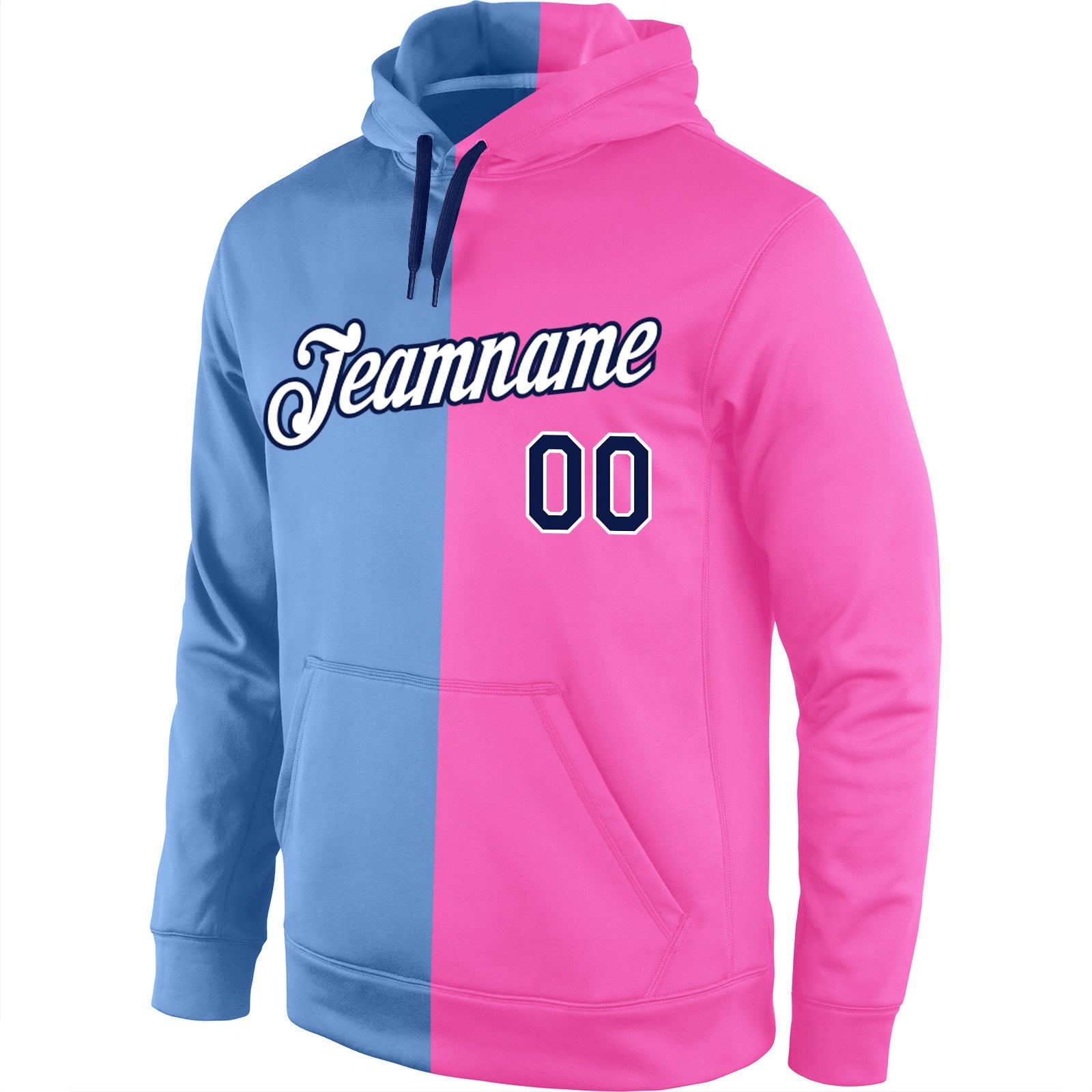 Custom Stitched Light Blue Navy-Pink Split Fashion Sports Pullover Sweatshirt Hoodie view 2