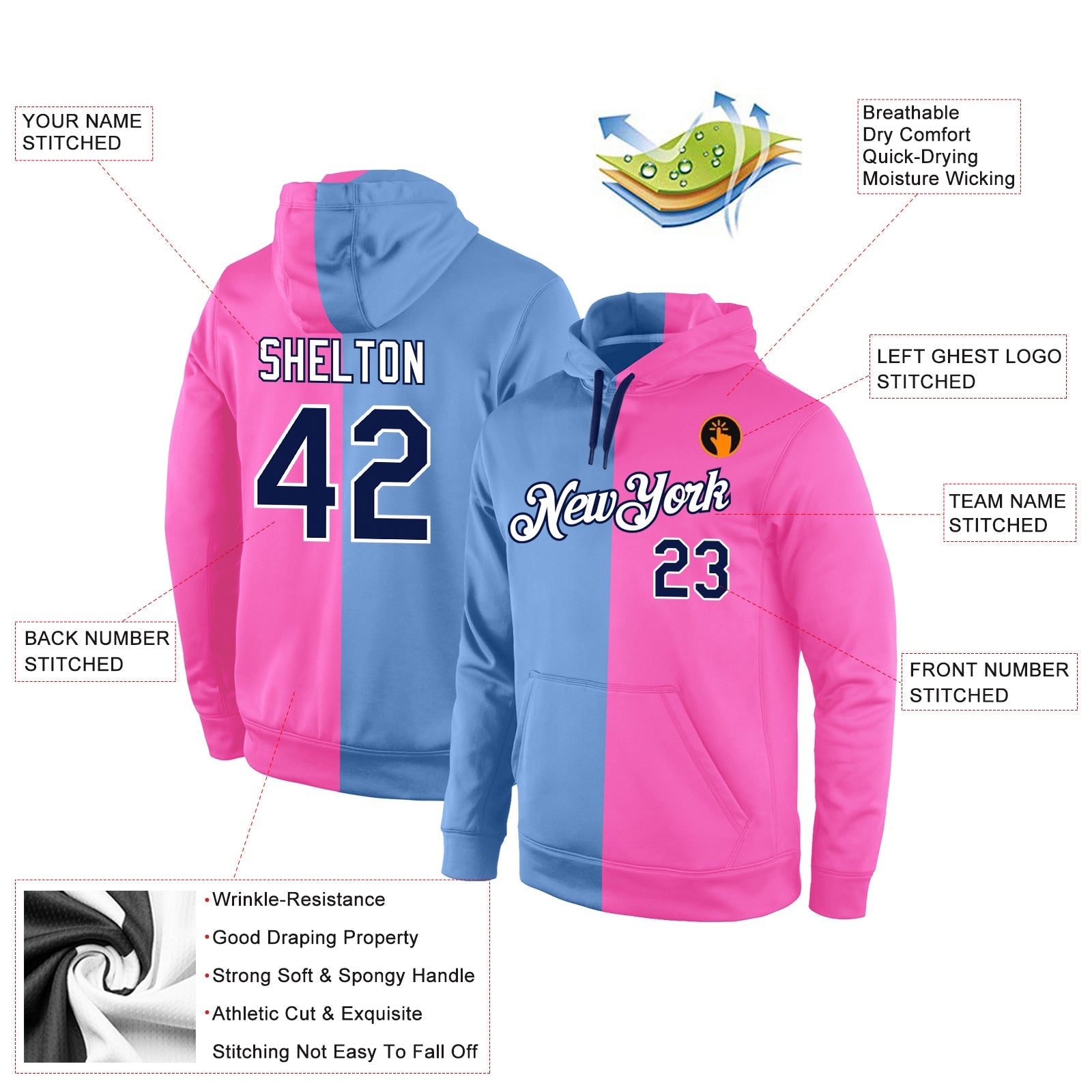 Custom Stitched Light Blue Navy-Pink Split Fashion Sports Pullover Sweatshirt Hoodie view 4