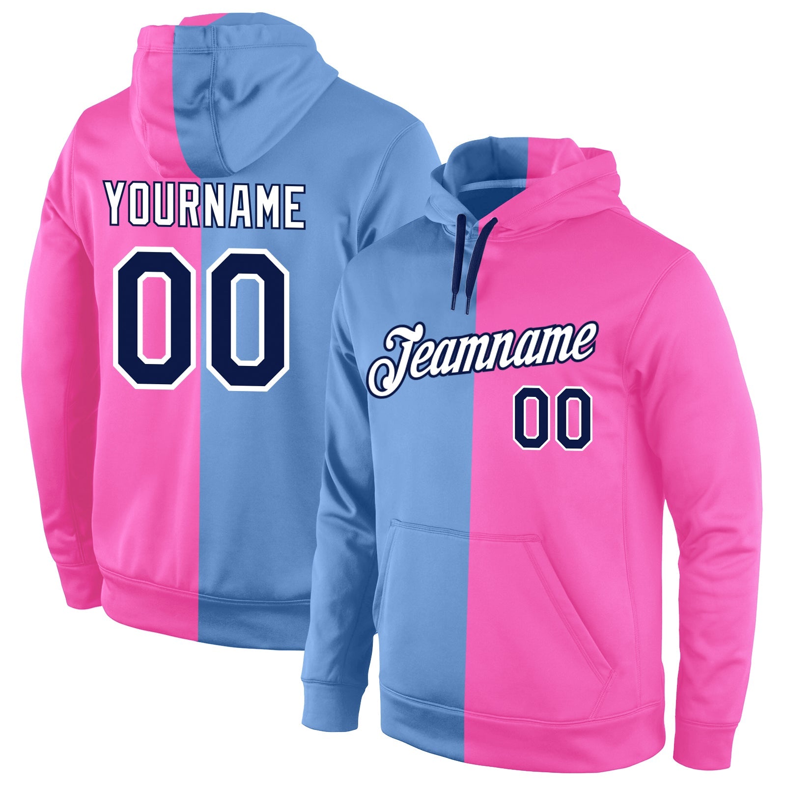 Custom Stitched Light Blue Navy-Pink Split Fashion Sports Pullover Sweatshirt Hoodie - Main View