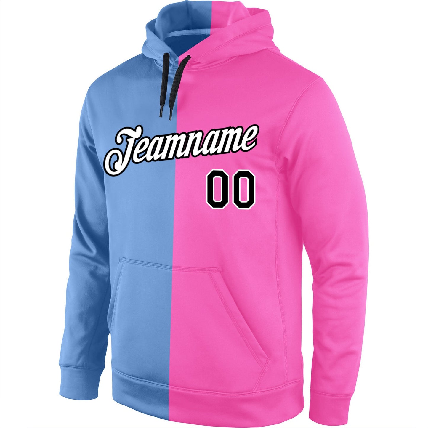 Custom Stitched Light Blue Black-Pink Split Fashion Sports Pullover Sweatshirt Hoodie view 2