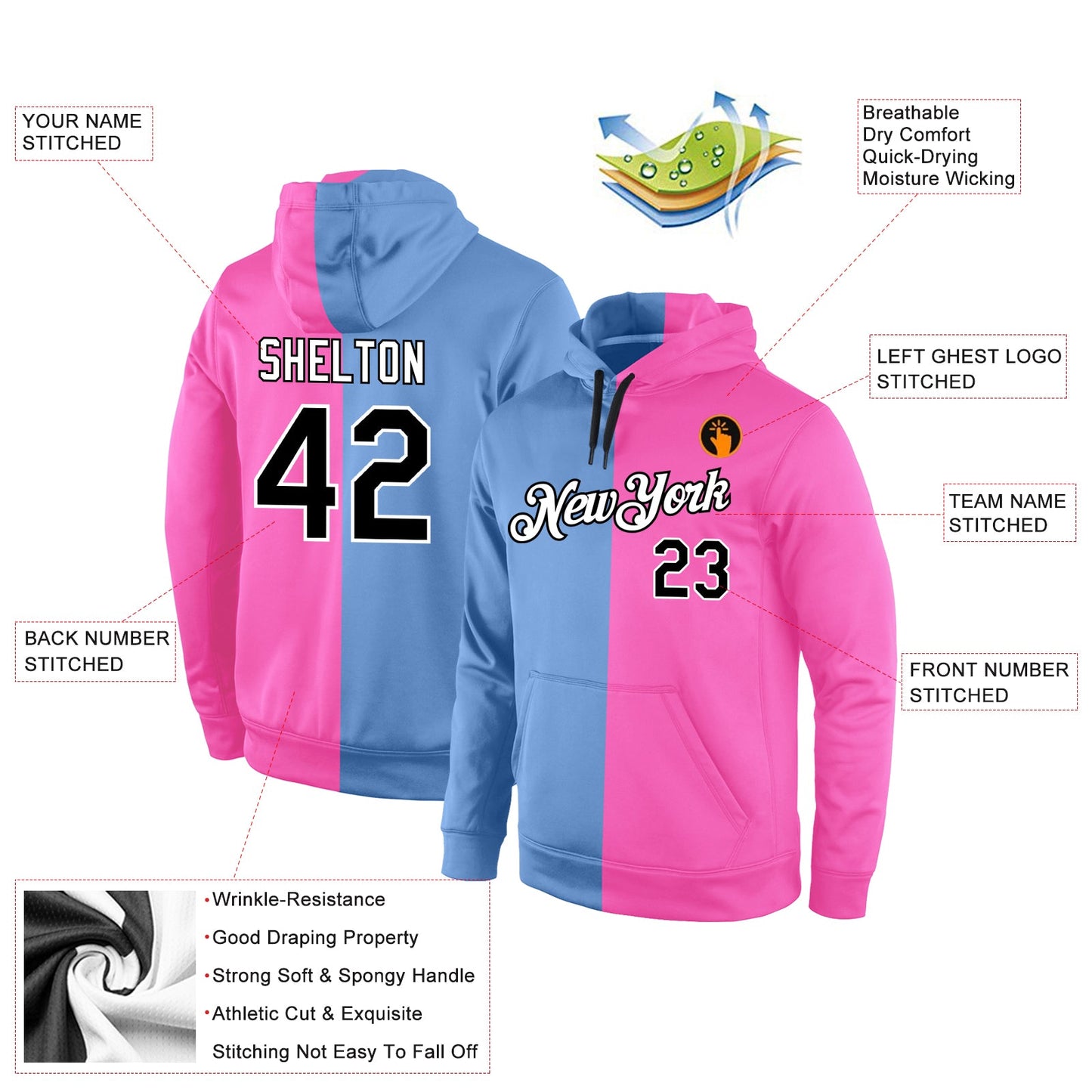 Custom Stitched Light Blue Black-Pink Split Fashion Sports Pullover Sweatshirt Hoodie view 4