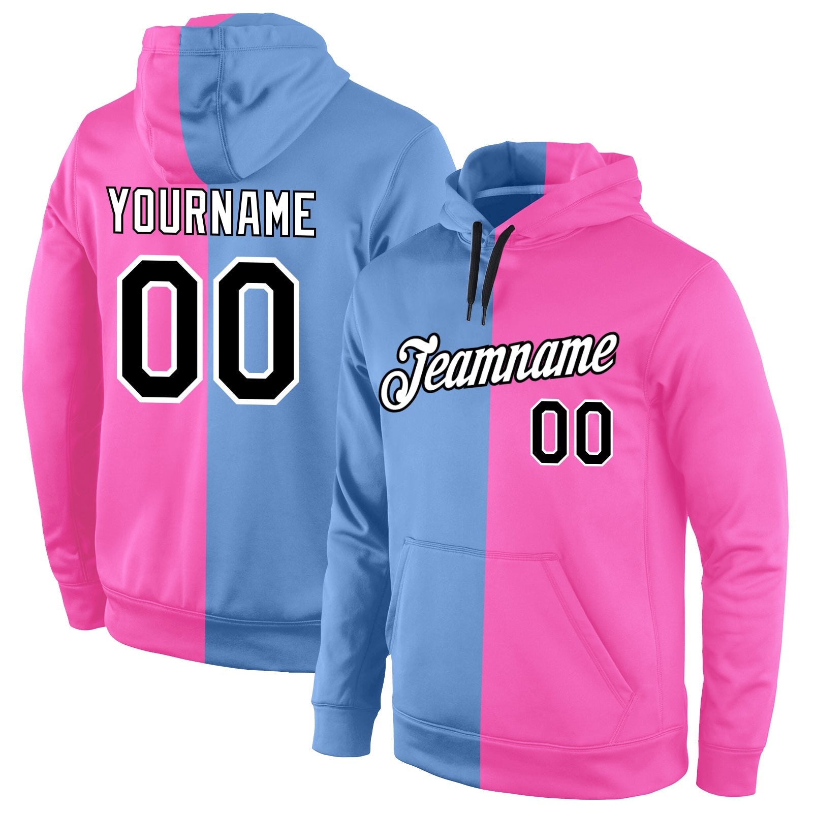 Custom Stitched Light Blue Black-Pink Split Fashion Sports Pullover Sweatshirt Hoodie - Main View
