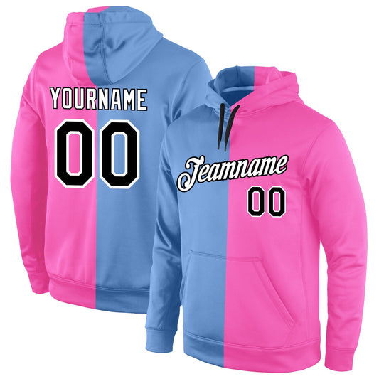 Custom Stitched Light Blue Black-Pink Split Fashion Sports Pullover Sweatshirt Hoodie - Main View