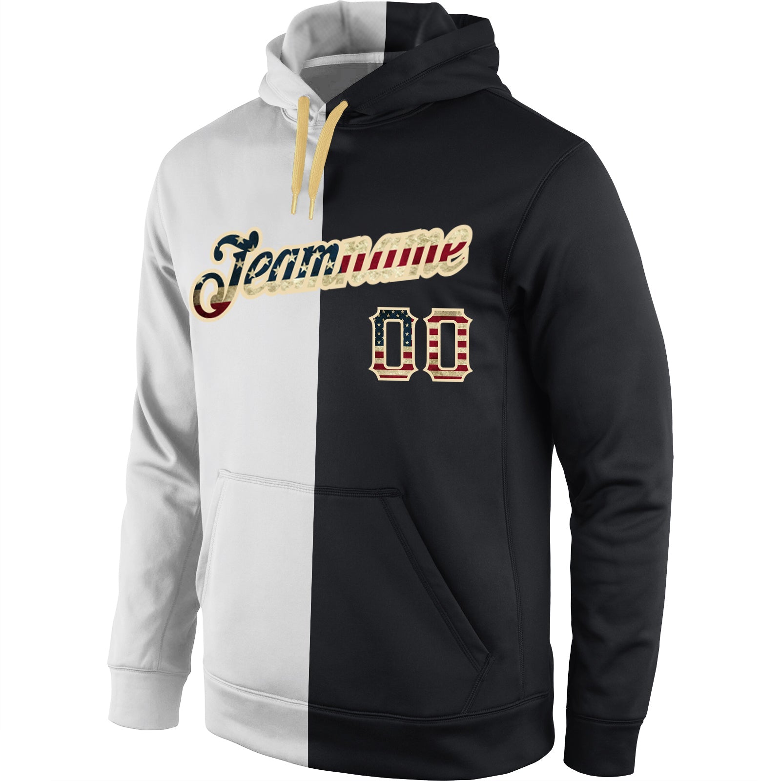 Custom Stitched White Vintage USA Flag-Black Split Fashion Sports Pullover Sweatshirt Hoodie view 2