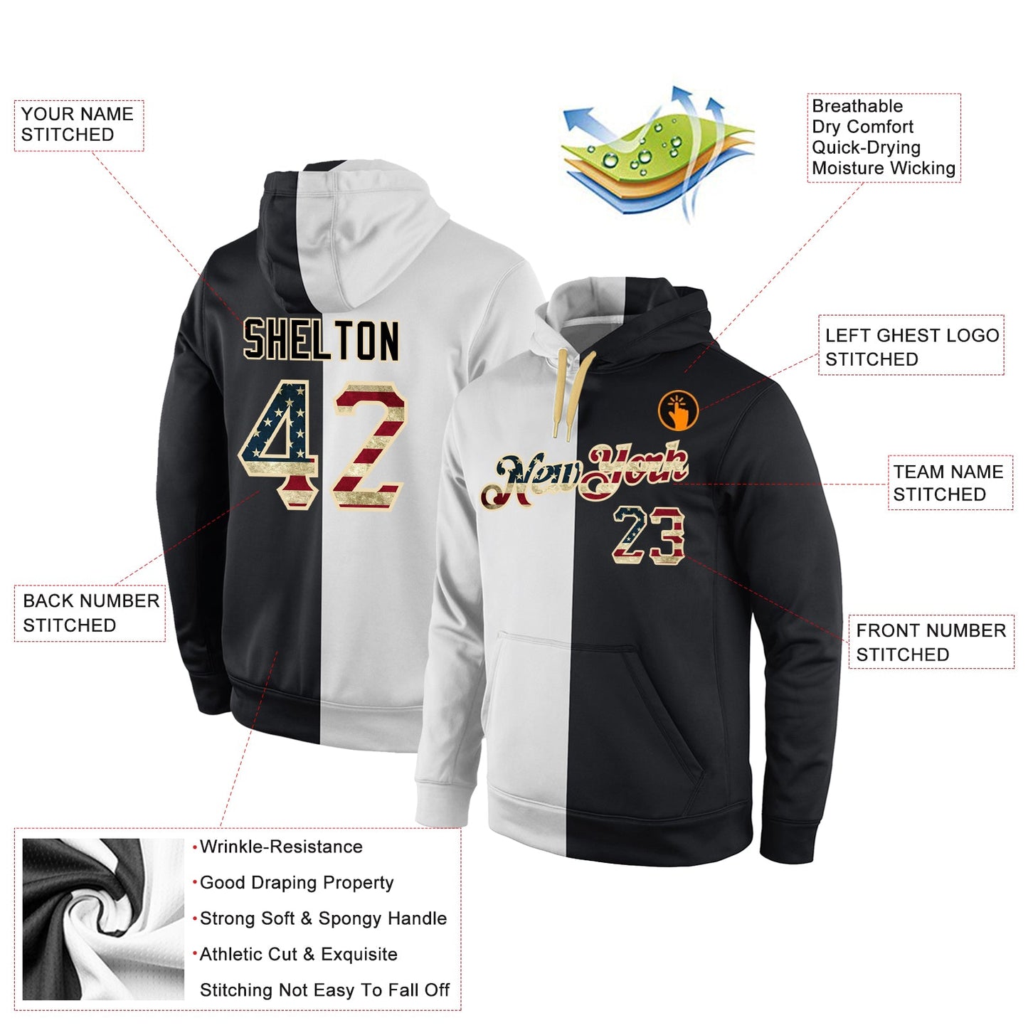Custom Stitched White Vintage USA Flag-Black Split Fashion Sports Pullover Sweatshirt Hoodie view 4
