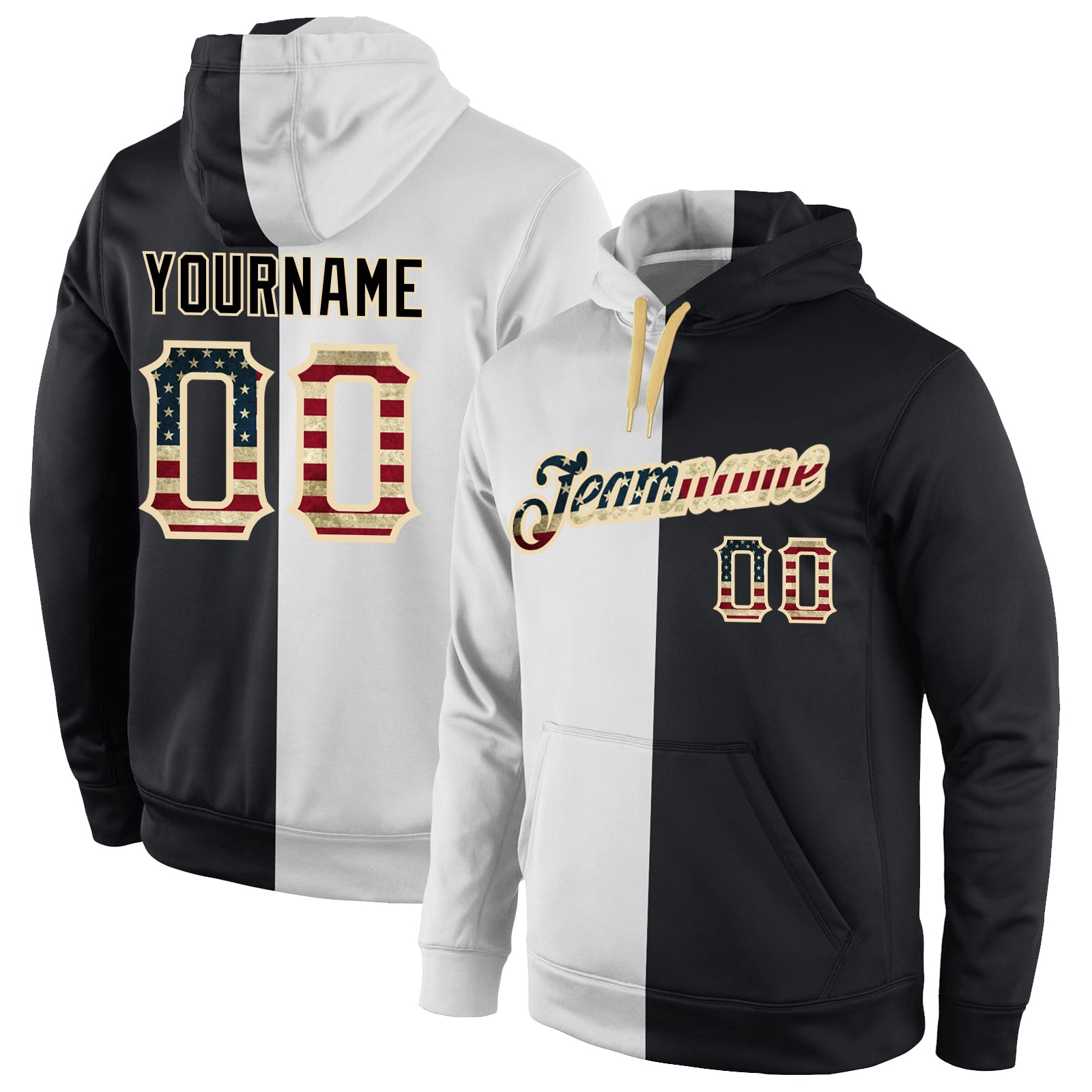 Custom Stitched White Vintage USA Flag-Black Split Fashion Sports Pullover Sweatshirt Hoodie - Main View
