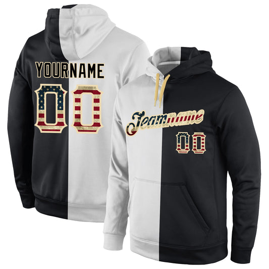 Custom Stitched White Vintage USA Flag-Black Split Fashion Sports Pullover Sweatshirt Hoodie - Main View