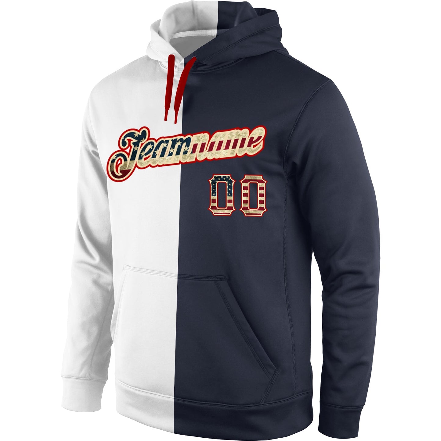 Custom Stitched White Vintage USA Flag-Navy Split Fashion Sports Pullover Sweatshirt Hoodie view 2
