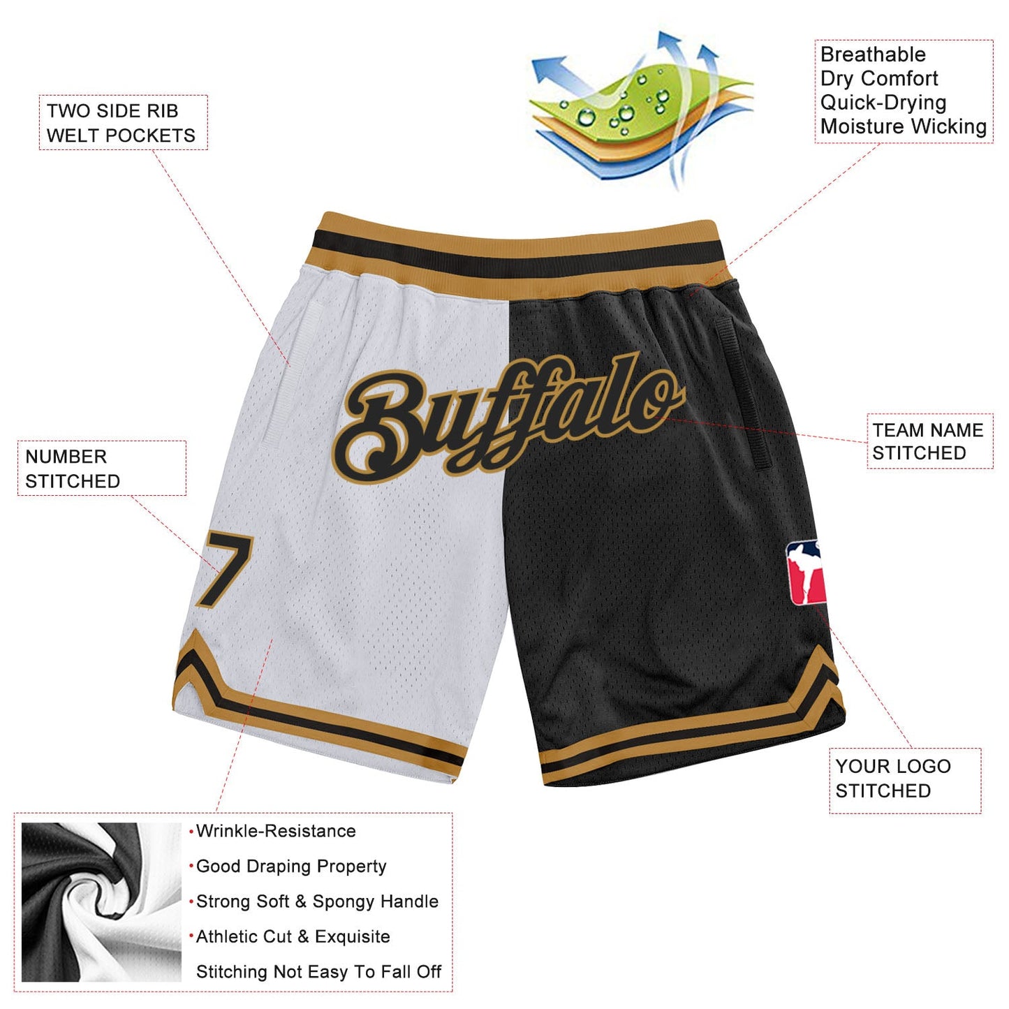 Custom White Black-Old Gold Authentic Throwback Split Fashion Basketball Shorts view 2