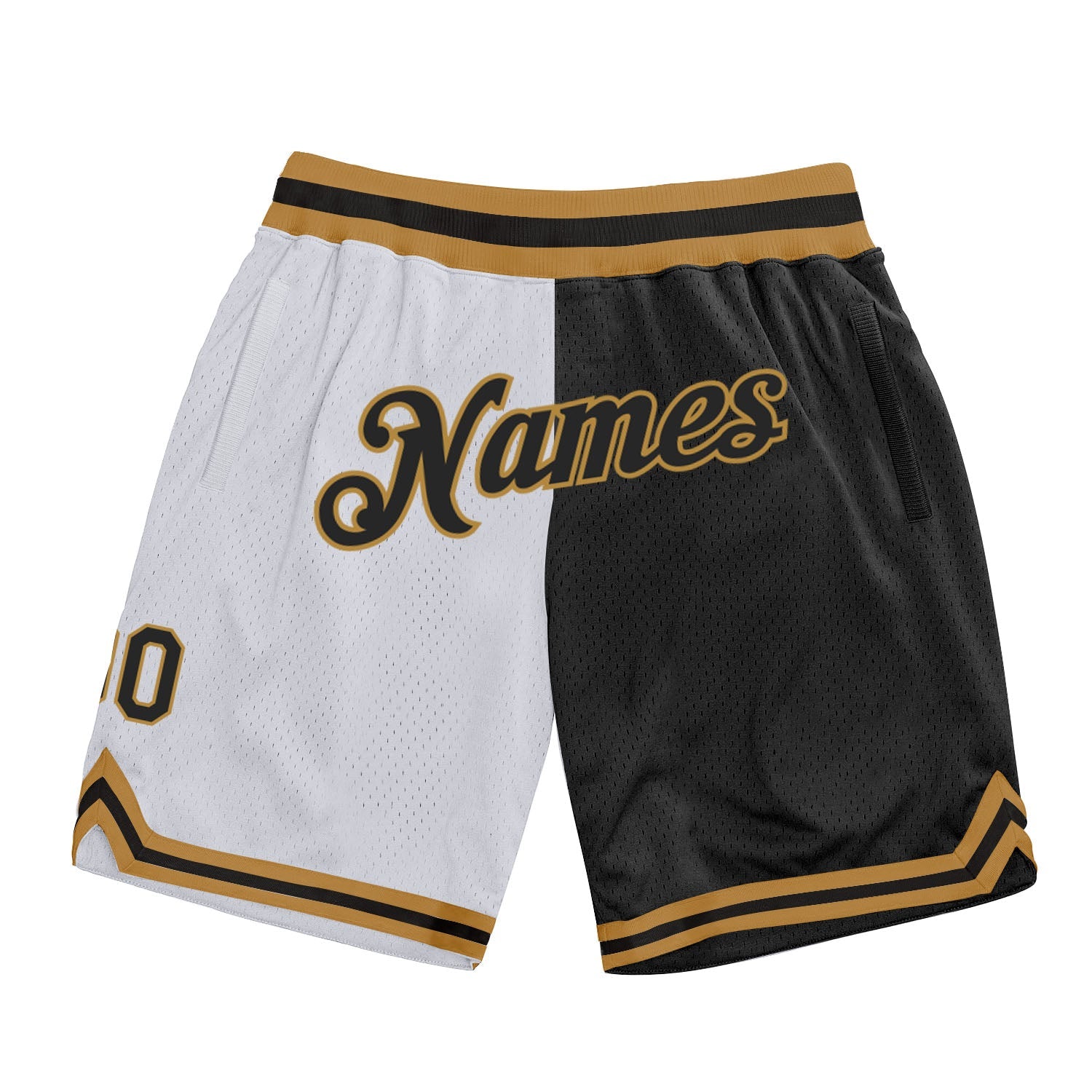Custom White Black-Old Gold Authentic Throwback Split Fashion Basketball Shorts - Main View