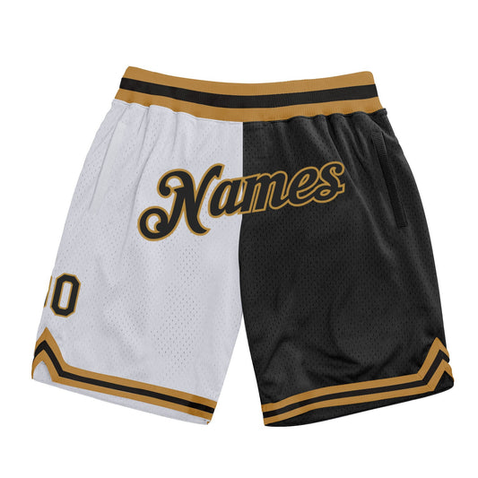 Custom White Black-Old Gold Authentic Throwback Split Fashion Basketball Shorts - Main View
