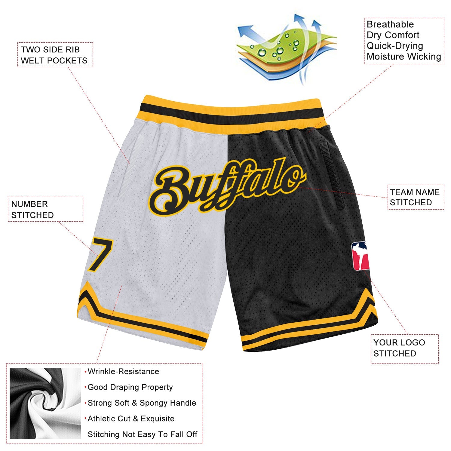 Custom White Black-Gold Authentic Throwback Split Fashion Basketball Shorts view 2