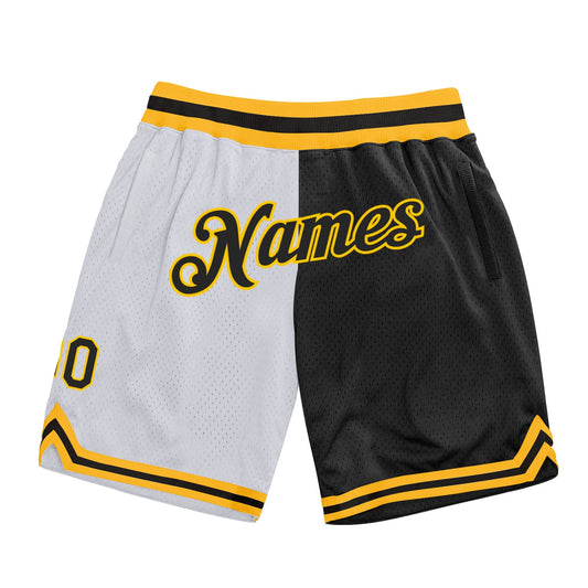 Custom White Black-Gold Authentic Throwback Split Fashion Basketball Shorts - Main View