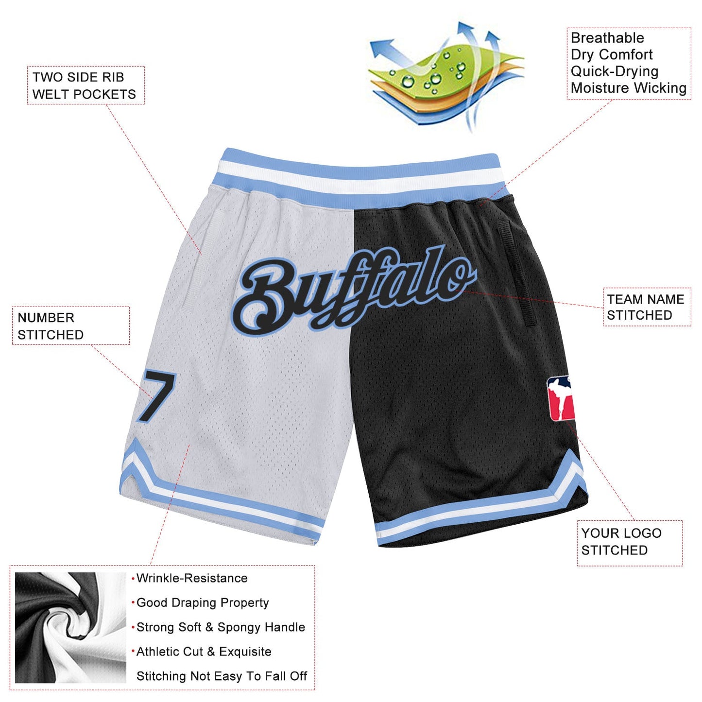 Custom White Black-Light Blue Authentic Throwback Split Fashion Basketball Shorts view 2