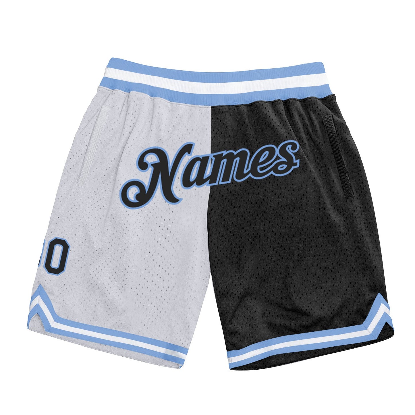 Custom White Black-Light Blue Authentic Throwback Split Fashion Basketball Shorts - Main View
