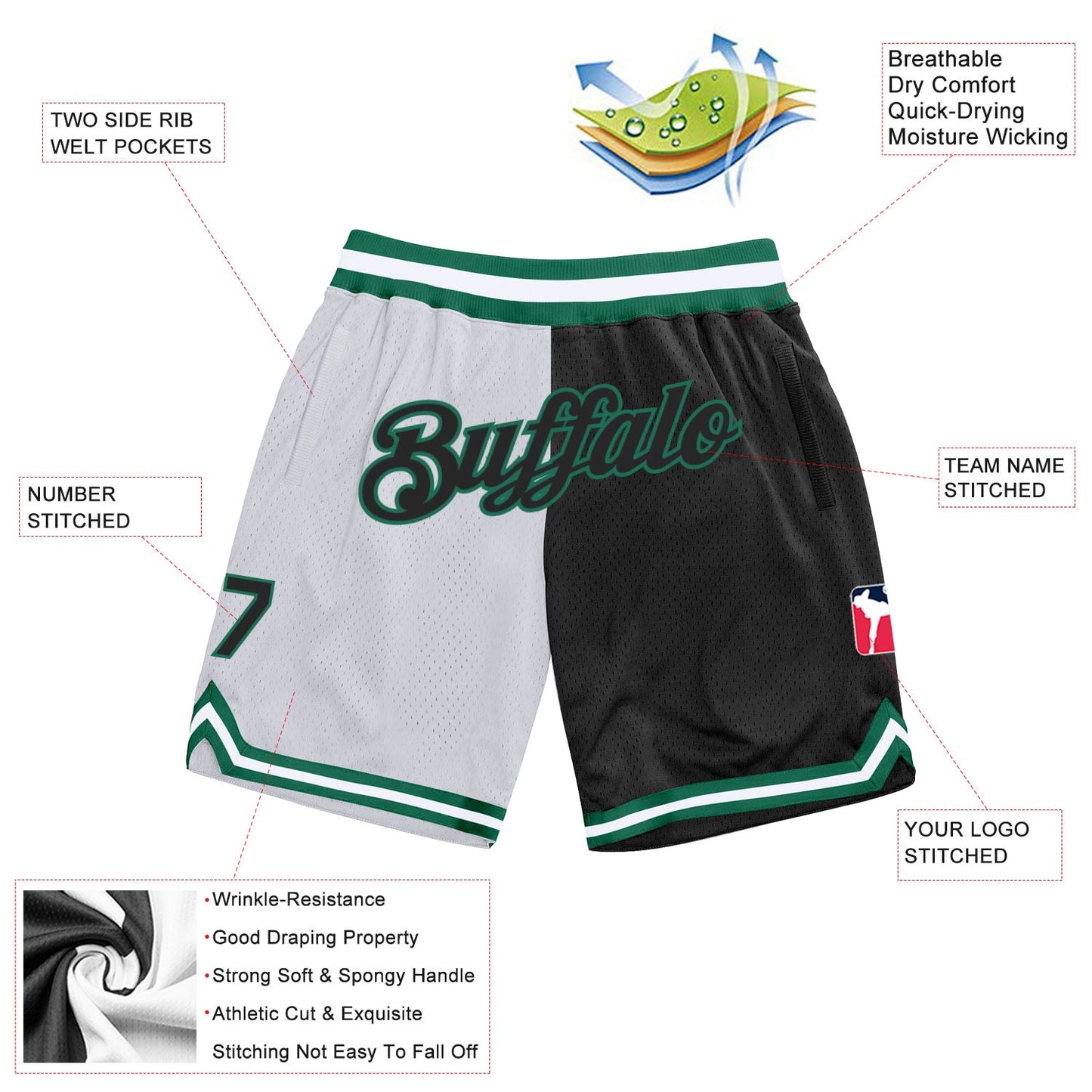 Custom White Black-Kelly Green Authentic Throwback Split Fashion Basketball Shorts view 2