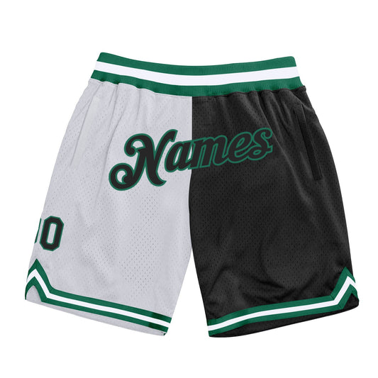 Custom White Black-Kelly Green Authentic Throwback Split Fashion Basketball Shorts - Main View