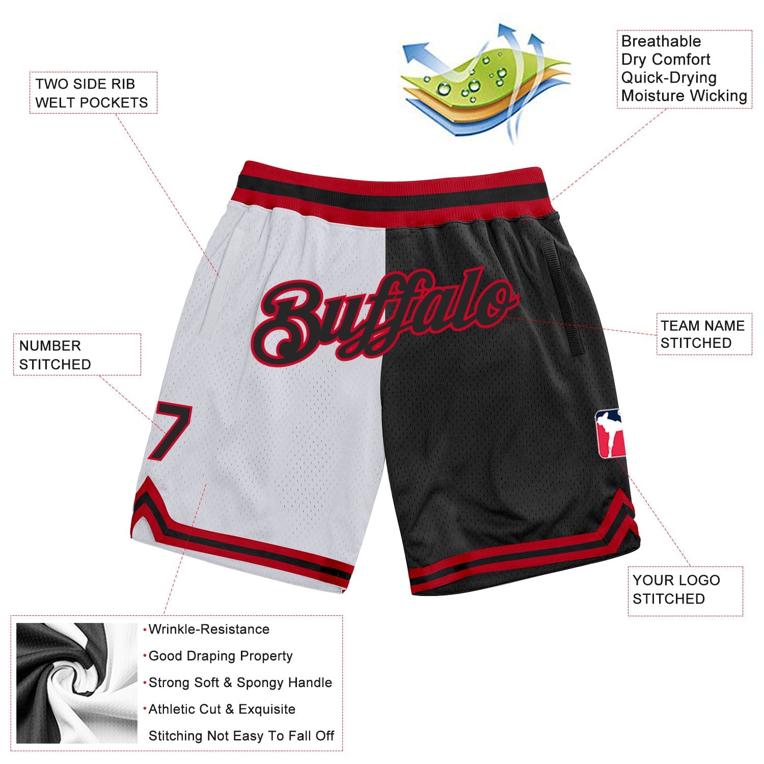 Custom White Black-Red Authentic Throwback Split Fashion Basketball Shorts view 2