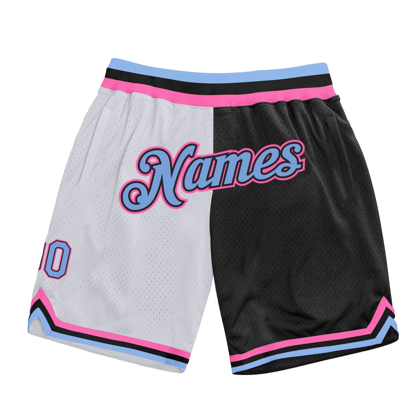 Custom White Light Blue-Pink Authentic Throwback Split Fashion Basketball Shorts - Main View