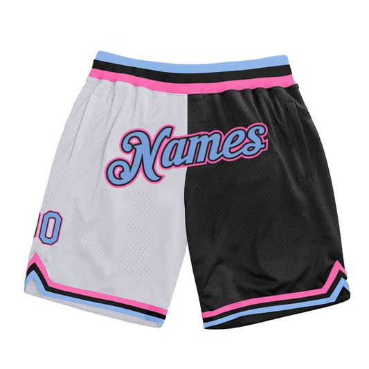 Custom White Light Blue-Pink Authentic Throwback Split Fashion Basketball Shorts - Main View