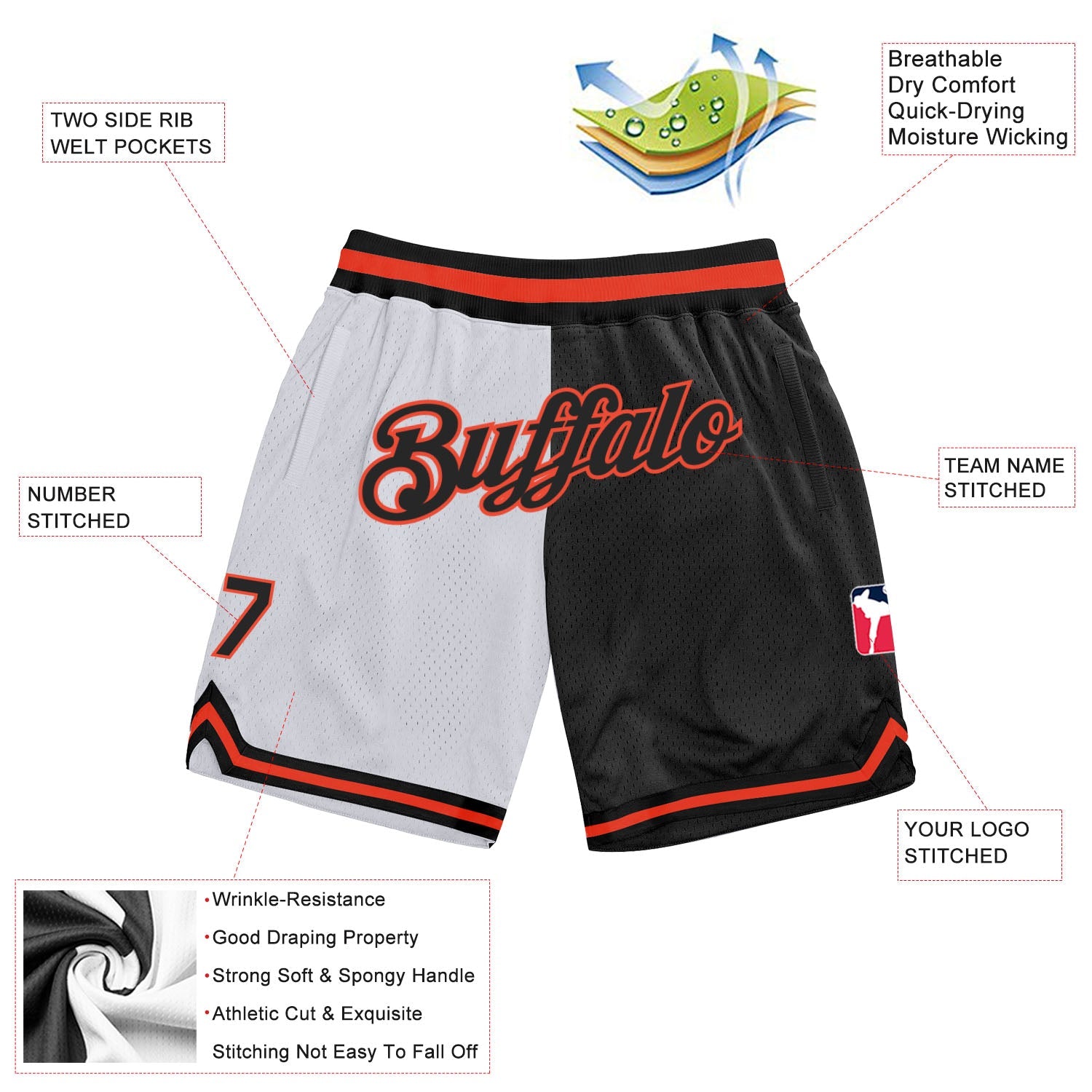Custom White Black-Orange Authentic Throwback Split Fashion Basketball Shorts view 2