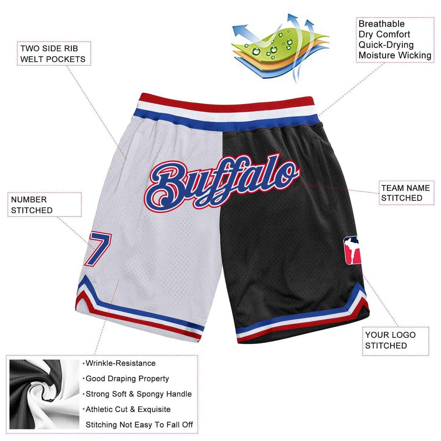 Custom White Royal-Red Authentic Throwback Split Fashion Basketball Shorts view 2