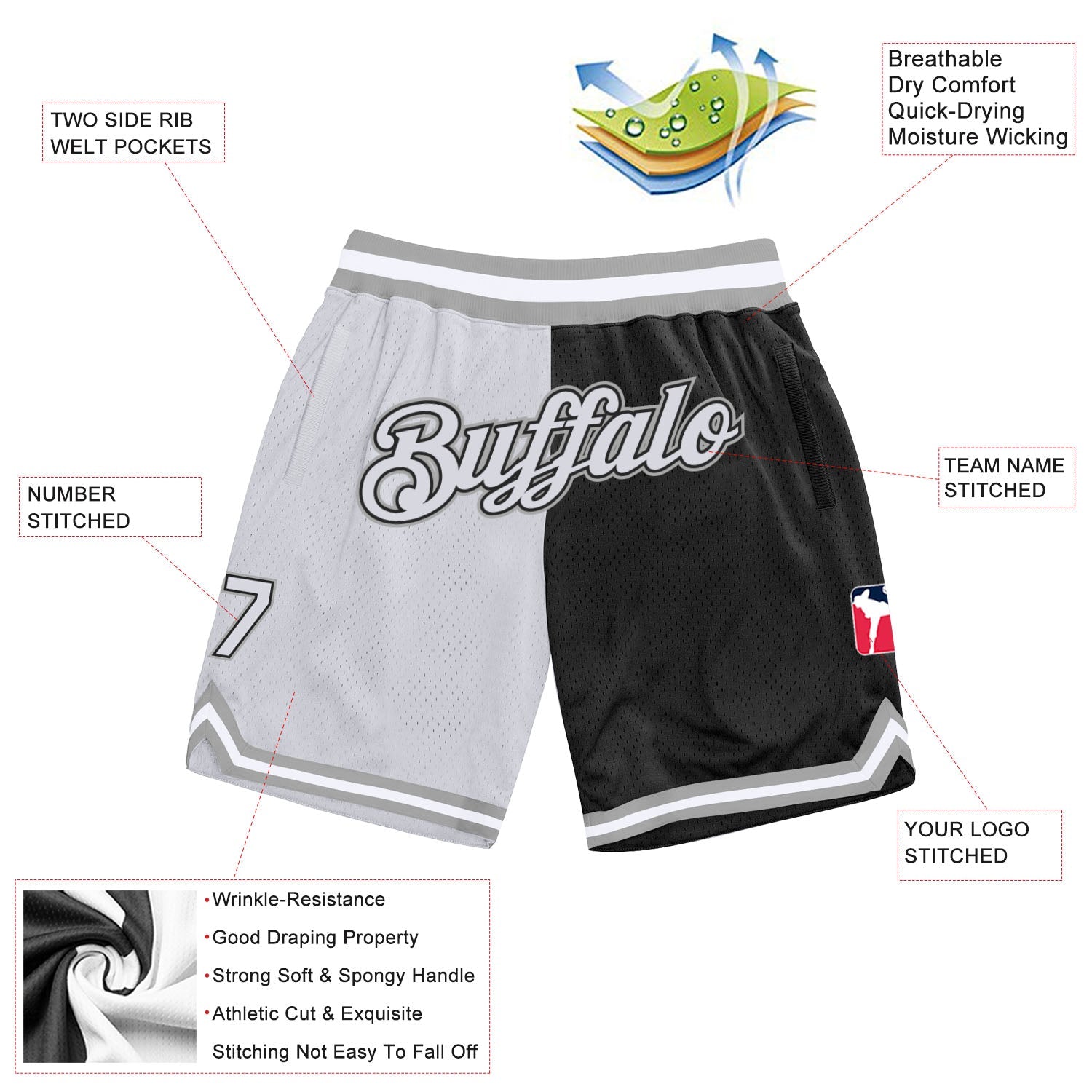 Custom Black White-Gray Authentic Throwback Split Fashion Basketball Shorts view 2